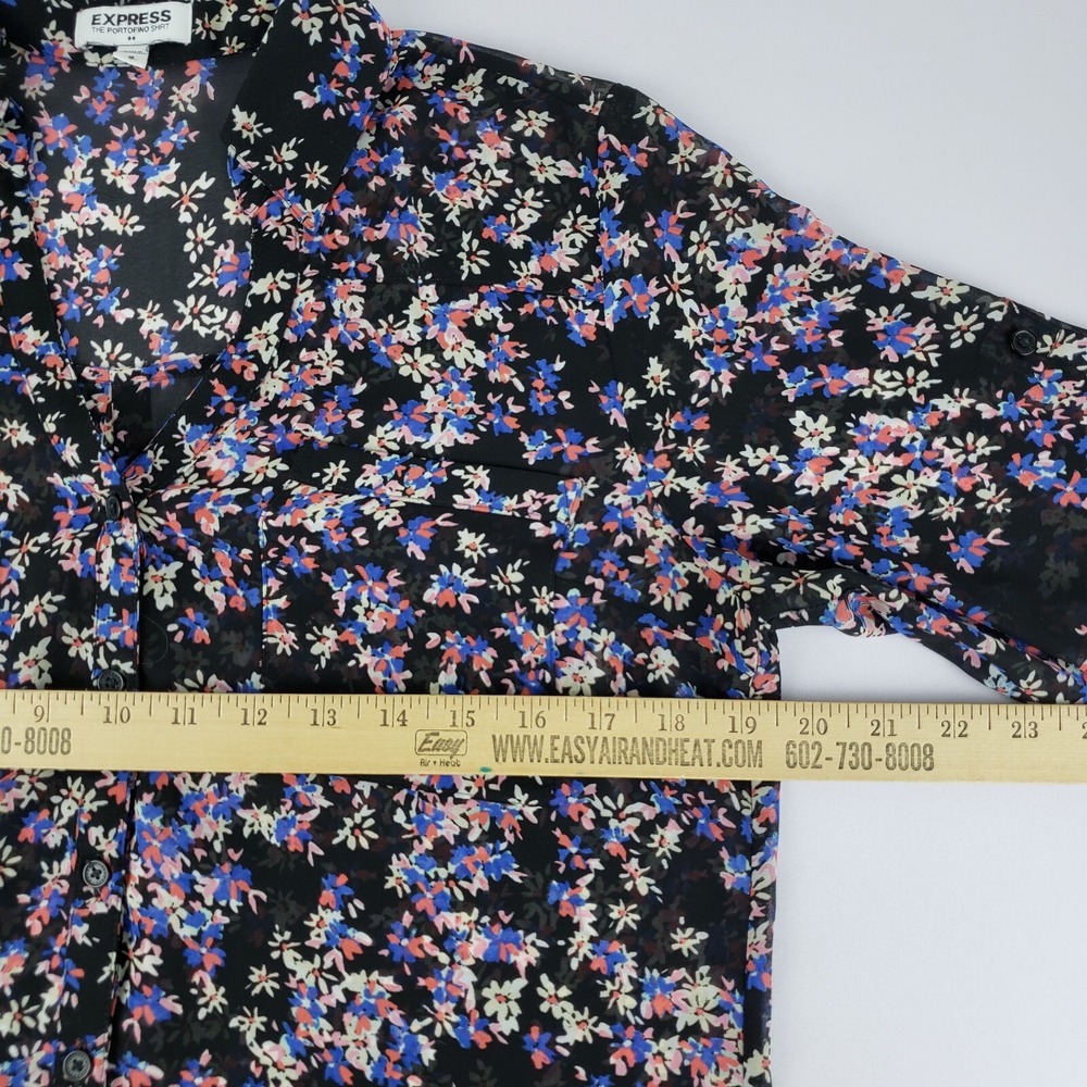 Express Portofino Blouse Shirt Women's Medium Black Floral Long Tab Sleeve - Picture 9 of 11